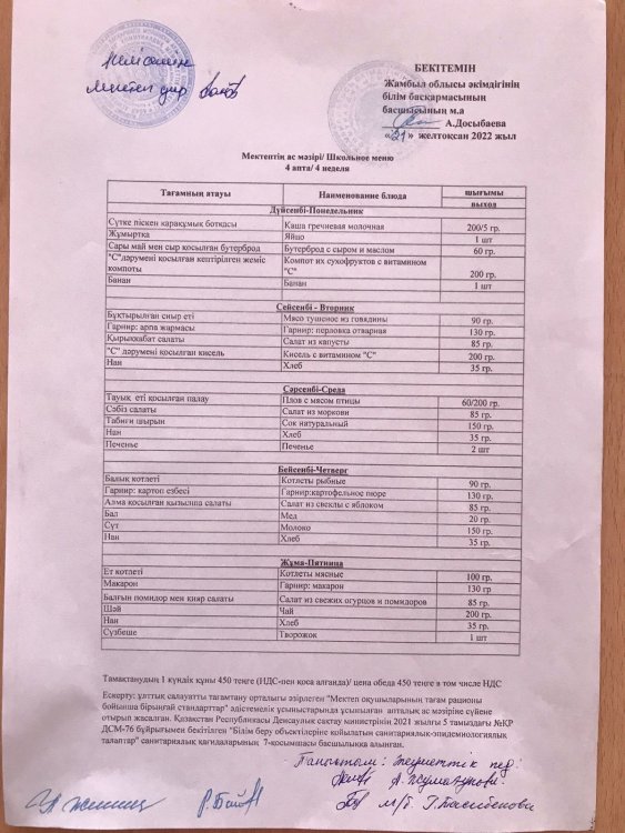 Мектептің ас мәзірі